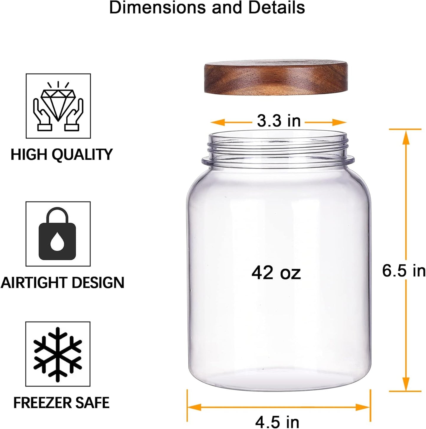 42 Fluid Ounces Unbreakable & Dishwasher Safe Plastic Apothecary Jar with Wooden Airtight Screw Top Lid, Food Storage Canister for Sugar, Tea, Spices, Coffee, Cookie, Candy Containers