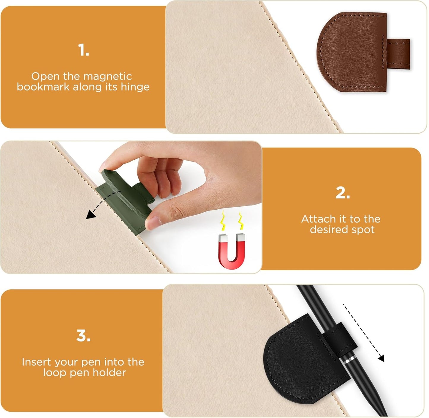 Magnetic Pen Loop Holder, Pencil Holder for Notebooks, Journals, Calendars, PU Leather 5 Pack