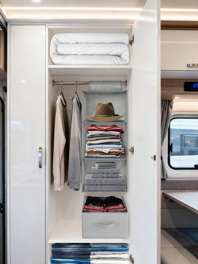 punemi 3-Shelf Hanging Closet Organizer, 2 Pack Closet Hanging Organizer with Drawers, Foldable Hanging Closet Shelves for Rv, Camper, Locker, 22.8" D x 11" W x 11" H, Grey