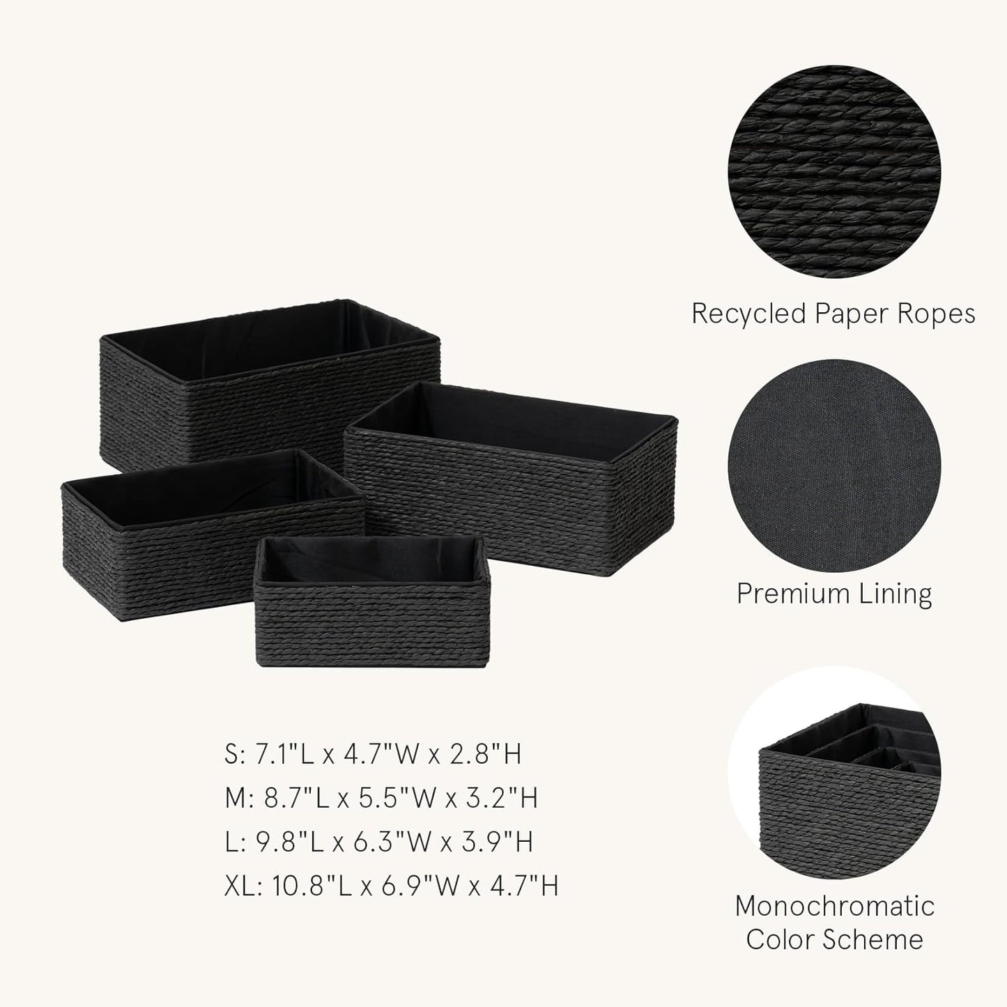 LA JOLIE MUSE Storage Baskets Set 4 - Sturdy Woven Paper Rope Decorative, Stackable Wicker Baskets for Makeup Closet Bathroom Bedroom (Ebony Black)