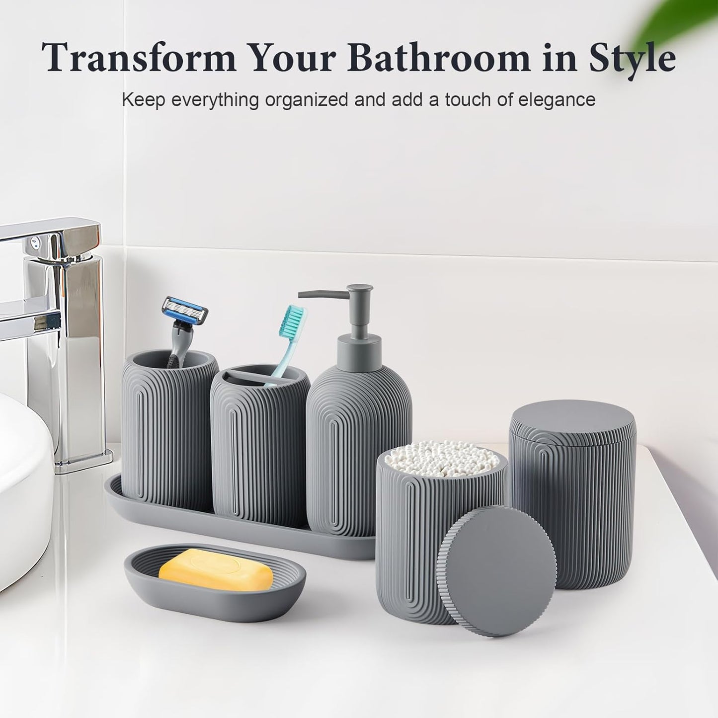 Bathroom Accessories Set - 7-Piece Resin Bathroom Set, Toothbrush Holders Set, Soap Dispenser, Qtip Holder Dispenser, Tumbler, Soap Dish & Tray, Modern Bath Decor for Home Dorm Hotel (Grey)