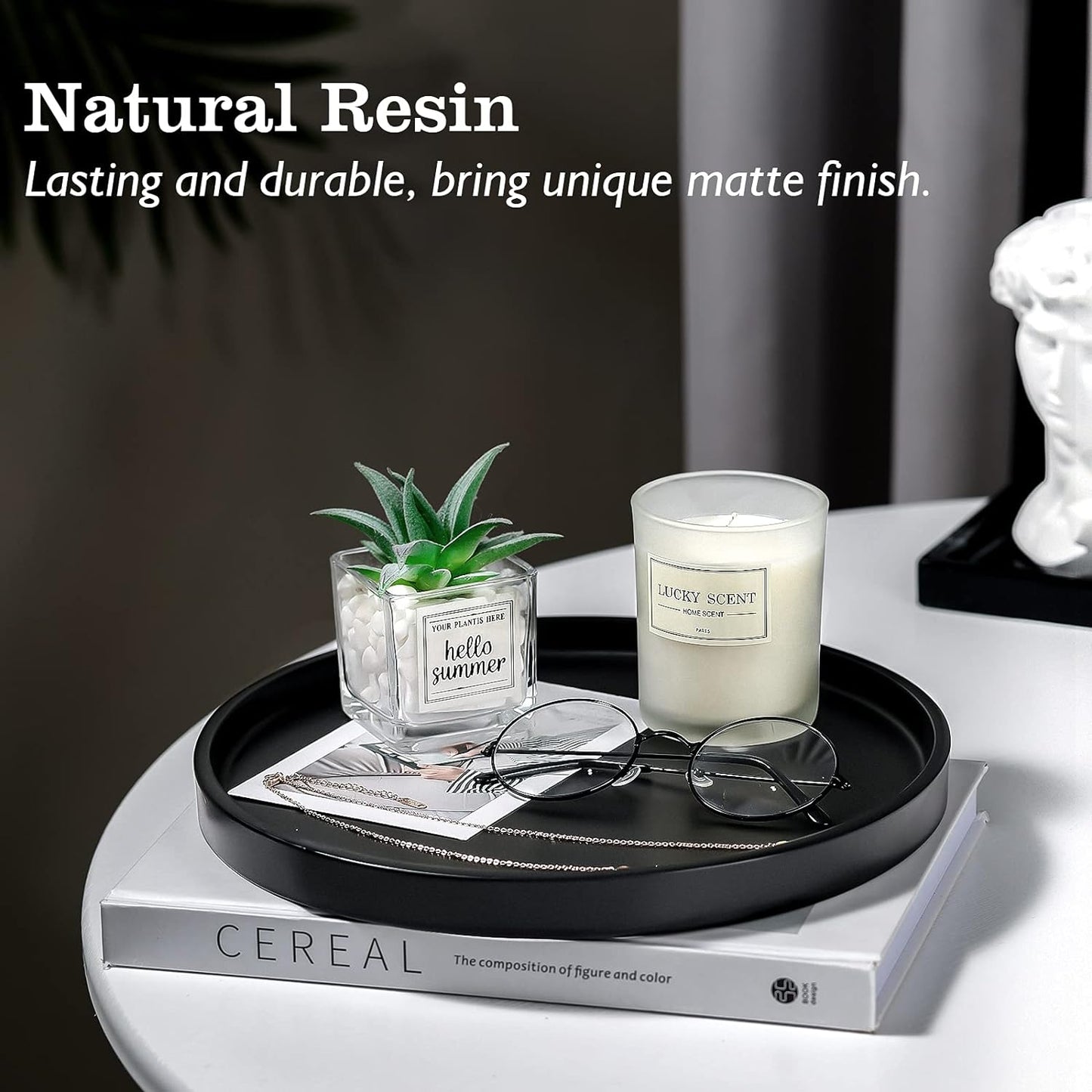 Emibele Vanity Tray, Resin Round Tray Decorative Storage Organizer for Bathroom Toilet Tank Bedroom Kitchen Countertop, Jewelry Storage Dresser Tray for Candle,Lotion Bottle,Cosmetics, Matte Black