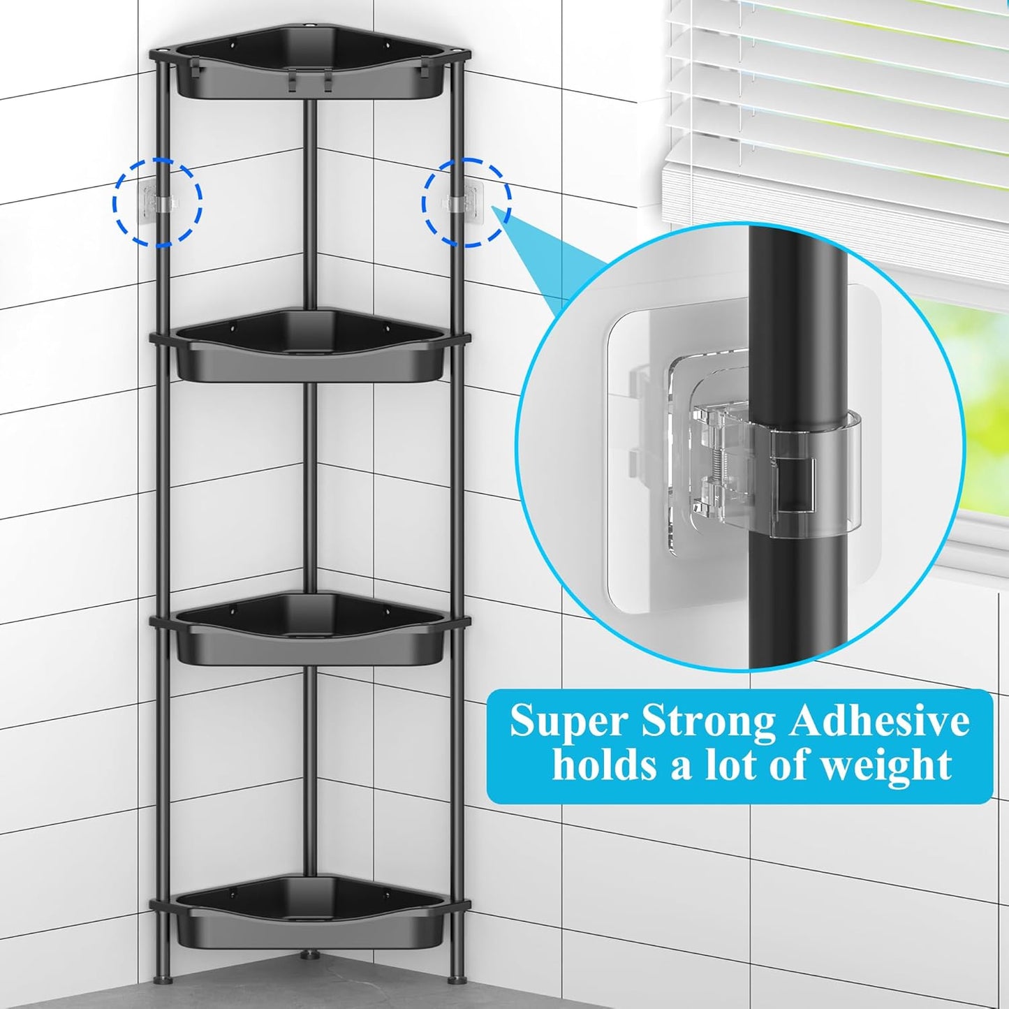 4 Tier Floor Standing Corner Shower Caddy Organizer Shelf with Hooks, Bathroom Shelves Stand Rack, Jet Black