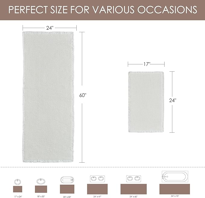KGORGE Waffle Bath Mat, Non Slip 60" X 24" Long Bathroom Rug with Tassels, Ultra Soft Farmhouse Floor Cover Super Absorbent Large Carpet Rugs for Bathroom Shower Tub Toilet Kitchen, Pure White, 1pc