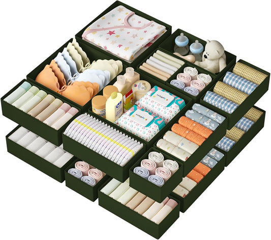 DIMJ Drawer Organizer Clothes 15 Pack - Foldable Baby Organizers and Storage & Dresser Organizer for Bedroom, Closet - Nursery Organization Dresser Dividers for underwear, Sock,Bra, Belt, Tie, Green