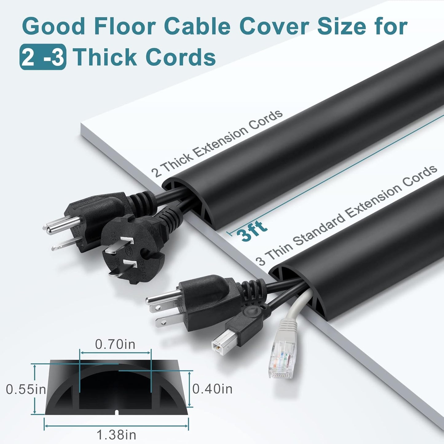 3FT PVC Cord Hider, Black Floor Cord Protector with 0.7 x 0.4 Inch Extension, Soft Wire Covers