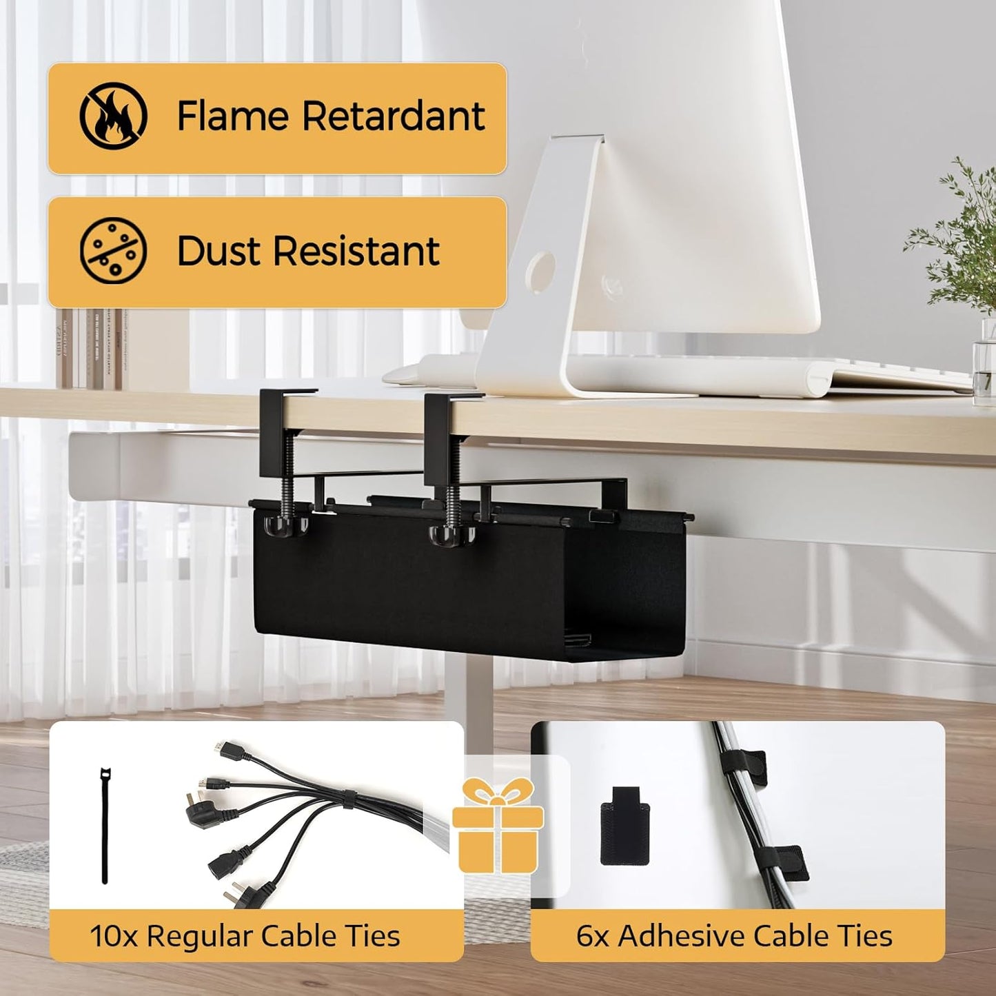 Under Desk Cable Management Tray 15.7" - No Drill Computer Wire Organizer Cable Tray, Cord Hider Clamp Mount with 16X Cable Ties PC Cables Management Cord Holder for Office/Home (Upgrade Fabric,Black)