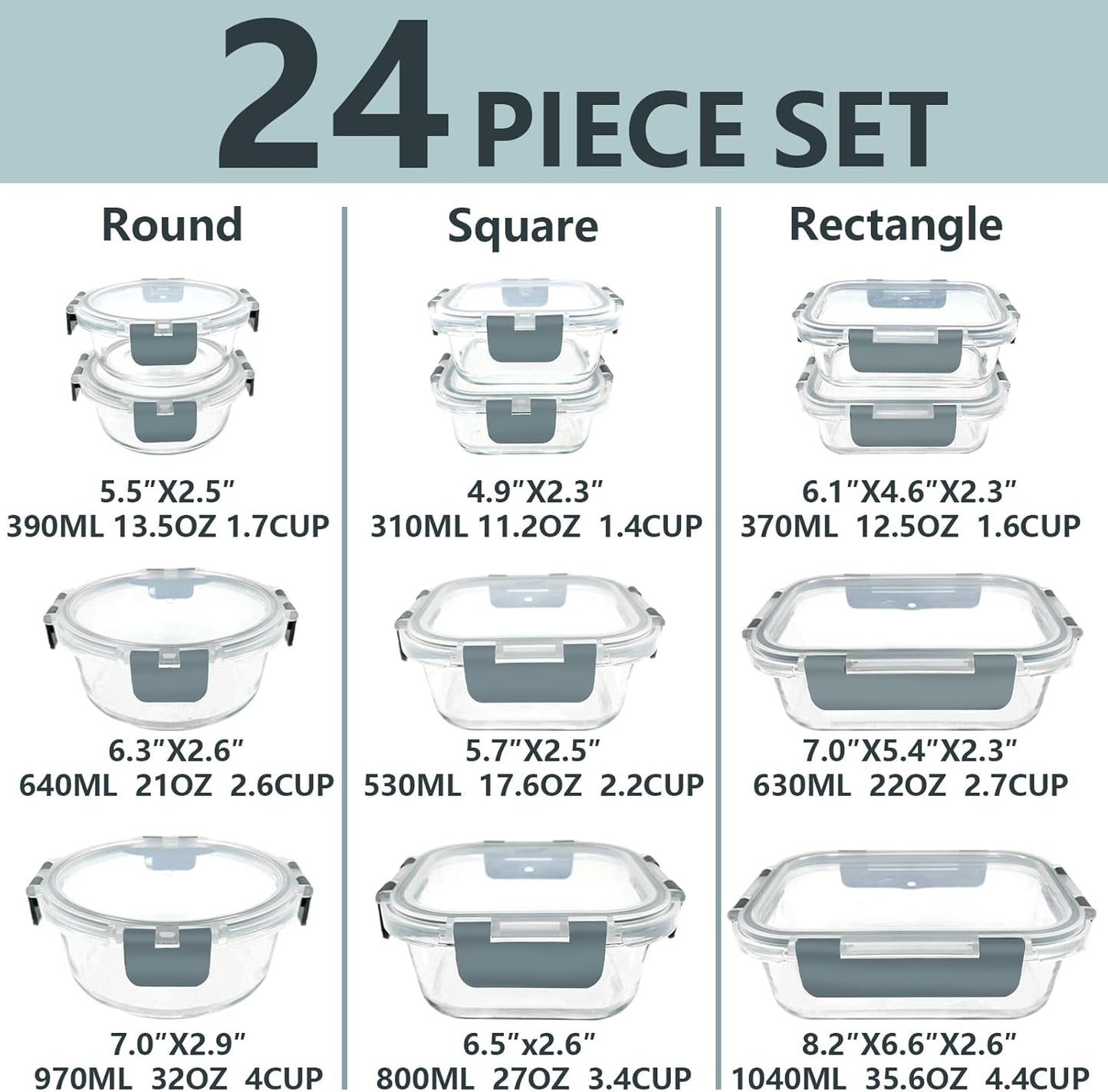 12 Pack Glass Food Storage Container Set with Snap Locking Lids Airtight, Stackable Borosilicate Glass Meal Prep Containers, Microwave, Oven, Freezer and Dishwasher Safe (Gray)