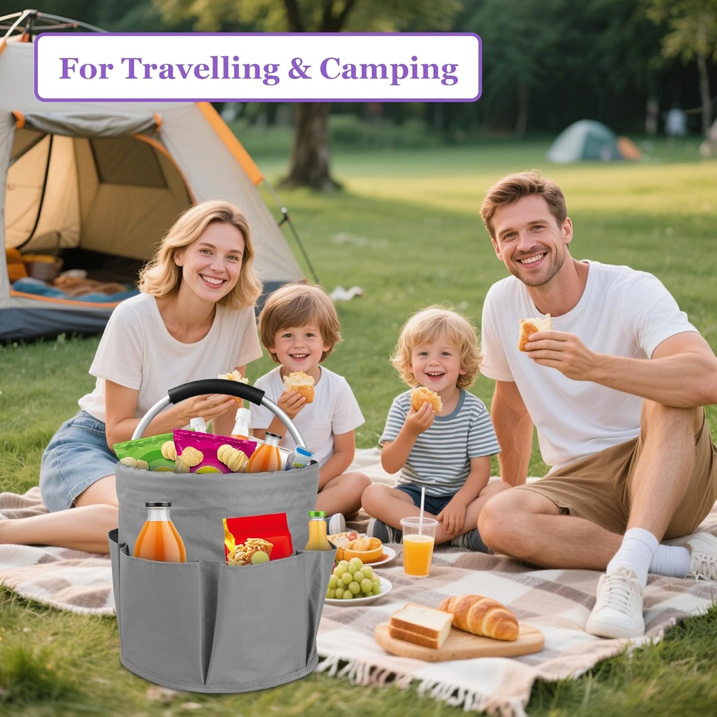 2Pcs Cleaning Caddy with Handle and 6 Pockets, 17L Foldable Cleaning Supply Caddy, Portable Shower Caddy in 600D Oxford Fabric, Multifunctional Storage Basket for Camping, Garden, Dark Gray