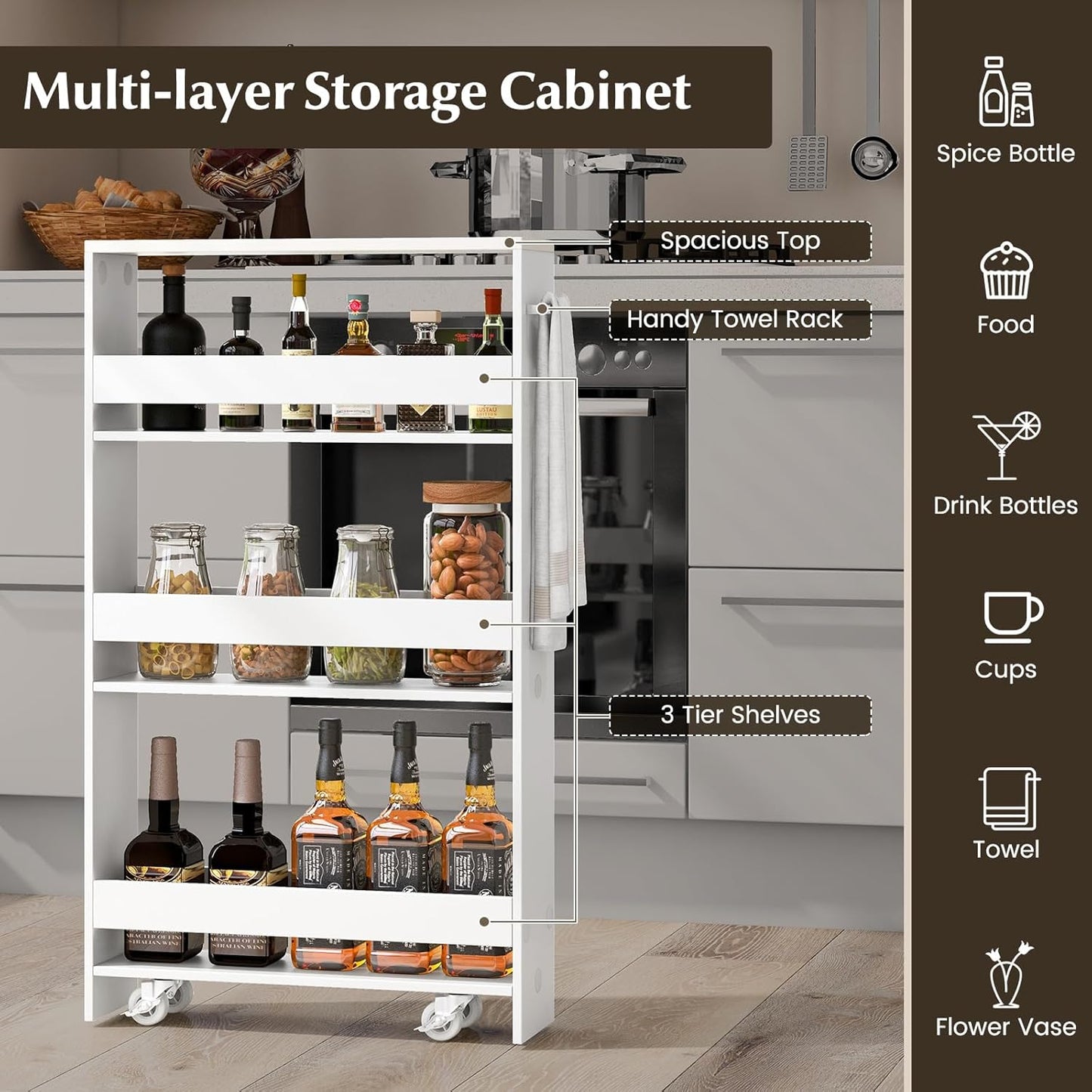 LOKO Slim Storage Cart, 4-Tier Rolling Cart with Handle & Wooden Top for Kitchen Bathroom Laundry Living Room Narrow Small Spaces, 5 Inches Width (Plain White)