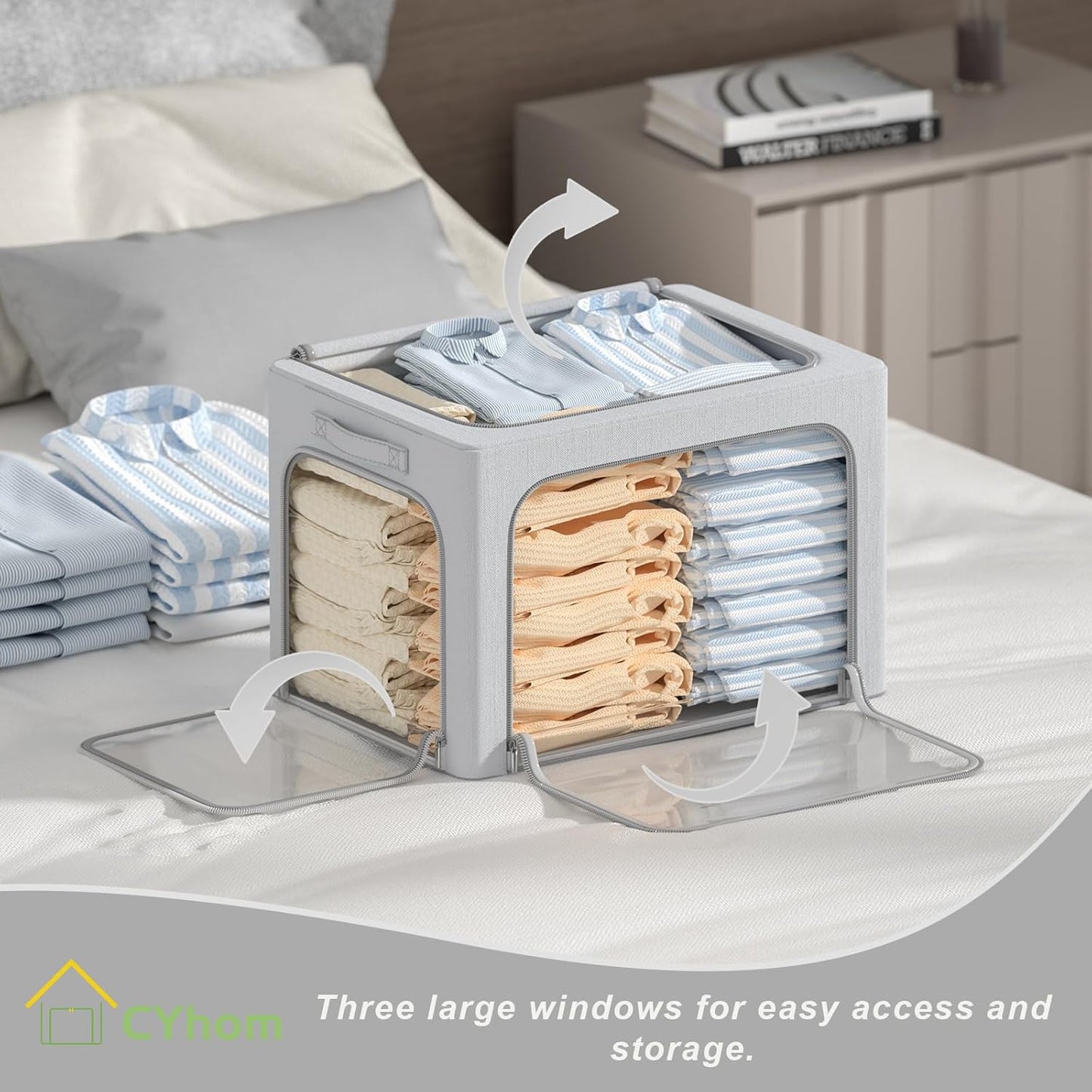 CYhom 3Pack Classic Stackable Foldable Storage Bin - Metal Frame Storage Box with Clear Window, Carry Handles (66L-19.7x15.7x13in, Light Grey)