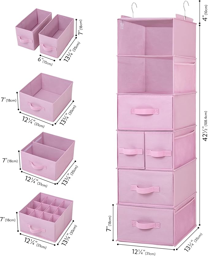 GRANNY SAYS Hanging Closet Organizers and Storage, 6 Shelves Closet Hanging Organizer with 6 Side Pockets, 5 Drawer Storage Organizer, Portable Hanging Shelves for Baby Closet, Pink Shelf