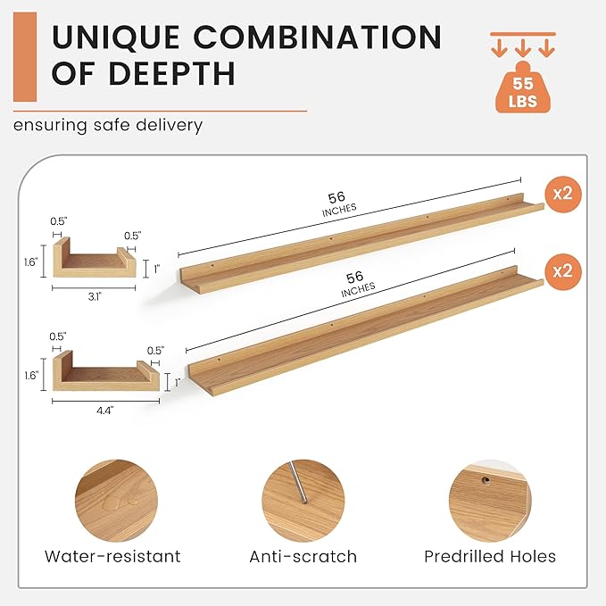 Floating Picture Ledge Shelves Set of 4, 56 Inch Long Large Nursery Book Shelf for Toys Storage Kids Bookshelf Wall Mounted Living Room Bedroom Decor Frames