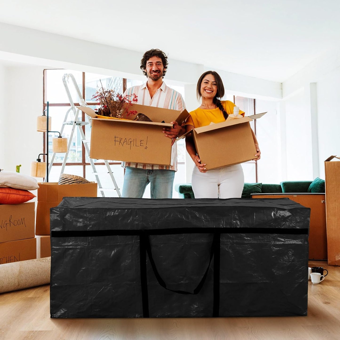 4 Pcs 149 Gallon Large Moving Bags with Zipper and Handles Foldable Storage Duffle Bags Heavy Duty Extra Large Totes for College Dorm Travel Clothes Blankets Bedding Moving (Black)