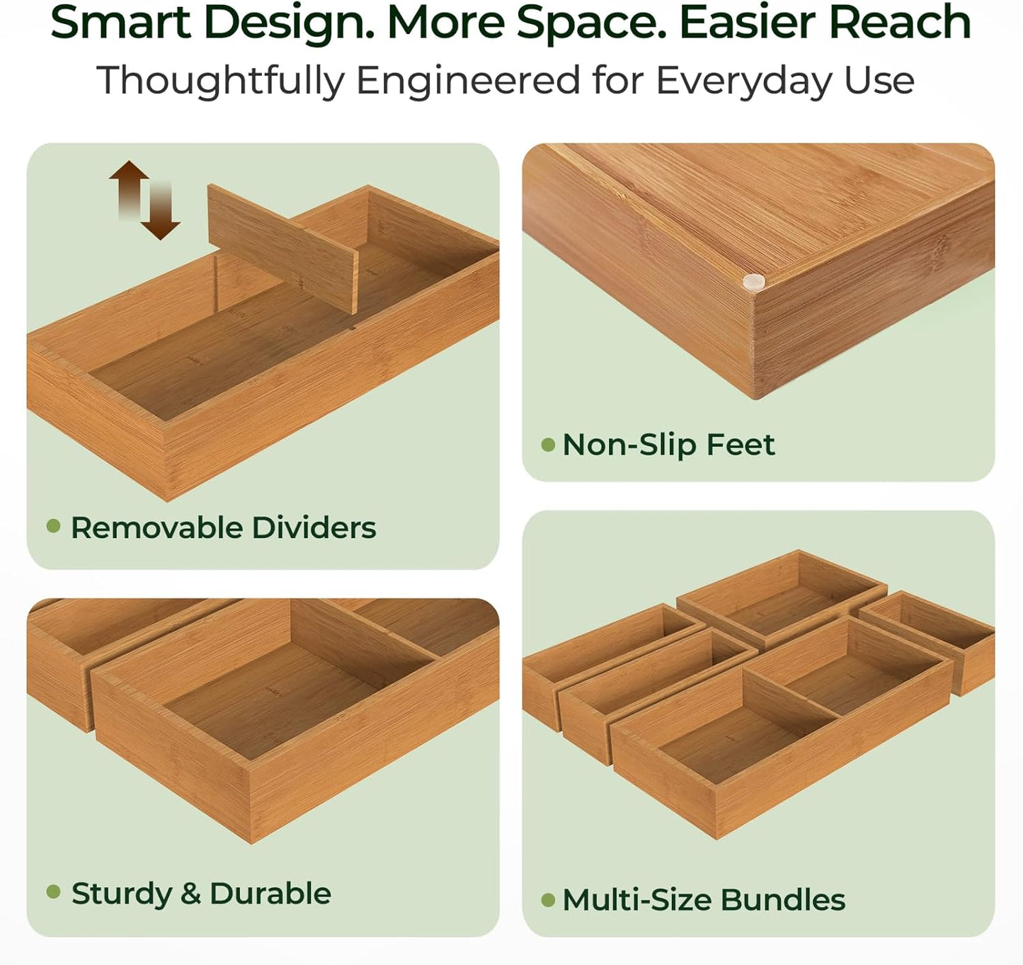 10-Piece Bamboo Drawer Organizer Set, 2.2" Deep Multi-Use Organizers for Utensils, Silverware, Cutlery, Desk, Bathroom, Junk Drawer & Makeup, Non-Slip Feet Included.