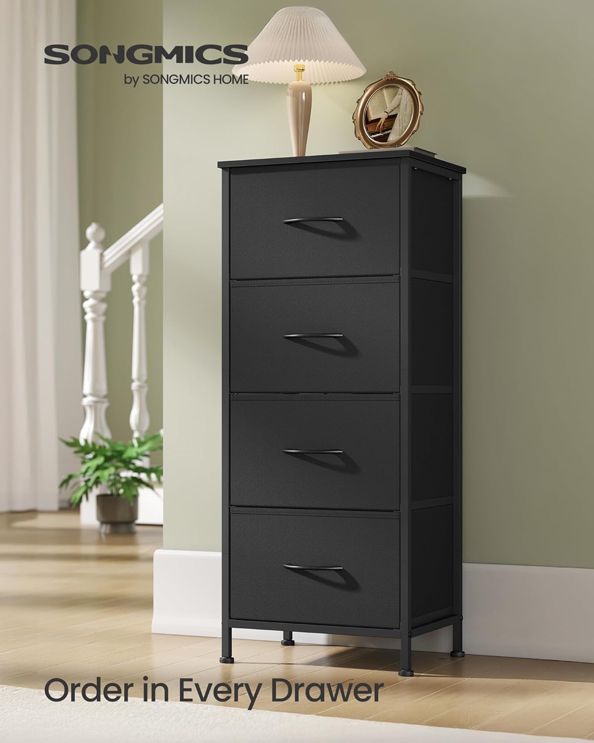 SONGMICS Dresser for Bedroom, Chest of Drawers, Steel, MDF, 4 Non-Woven Fabric Drawers, Storage Organizer Unit, Closet, Entryway, Ink Black and Ebony Black ULGS314B01S