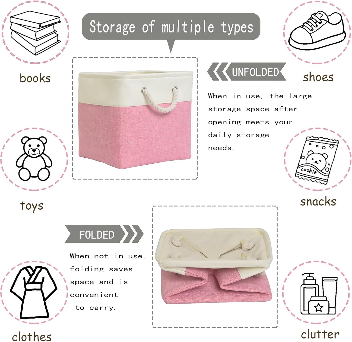 storage cubes 12 x 12[6 Pack],Cube Storage Organizer Bins with Rope Handles, Eco-Friendly Linen Collapsible Organizers for Closet, Nursery, Toys, Office, Bathroom – Dual Color Design.(White&Pink)