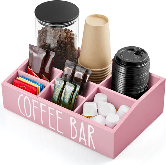 ALELION Pink Coffee Station Organizer for Countertop - 7 Compartments Coffee Bar Accessories and Organizer with Removable Dividers - for Pink Kitchen Coffee Bar Decor
