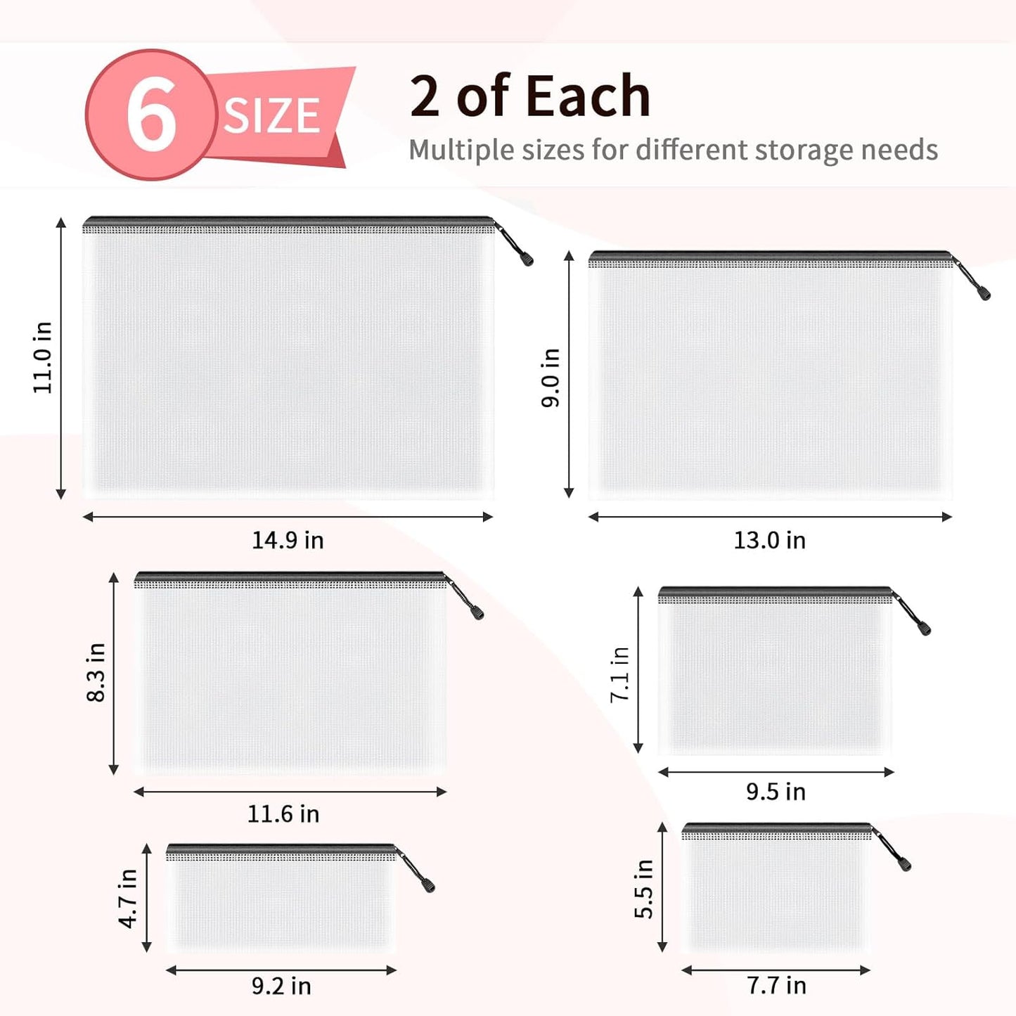 Umriox Zipper Bags, 6 Assorted Size (Black, 12 Packs), Project Bags for Cross Stitch, Mesh Zipper Pouch for Office Supplies Travel Accessories and Board Games Storage