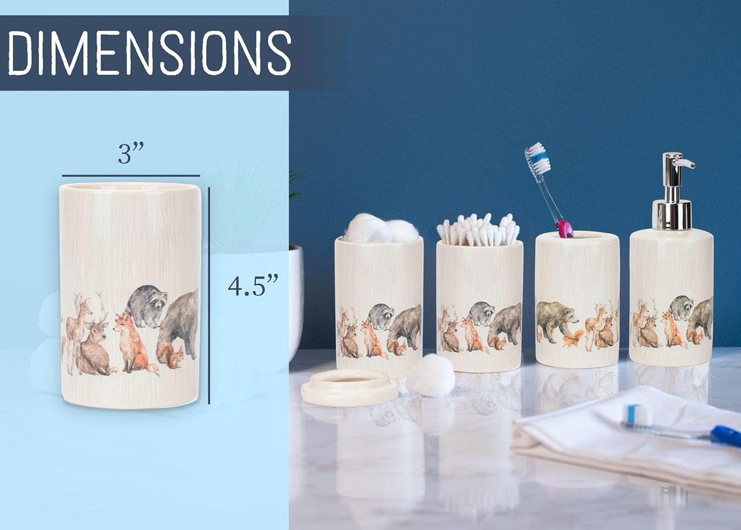 NAT & Jules Chic Modern Rounded 4.5 inch Ceramic Bathroom Accessories Set of 4 - Home Décor & Organization Perfect for Bath or Kitchen Household Essentials, Lodge Animals