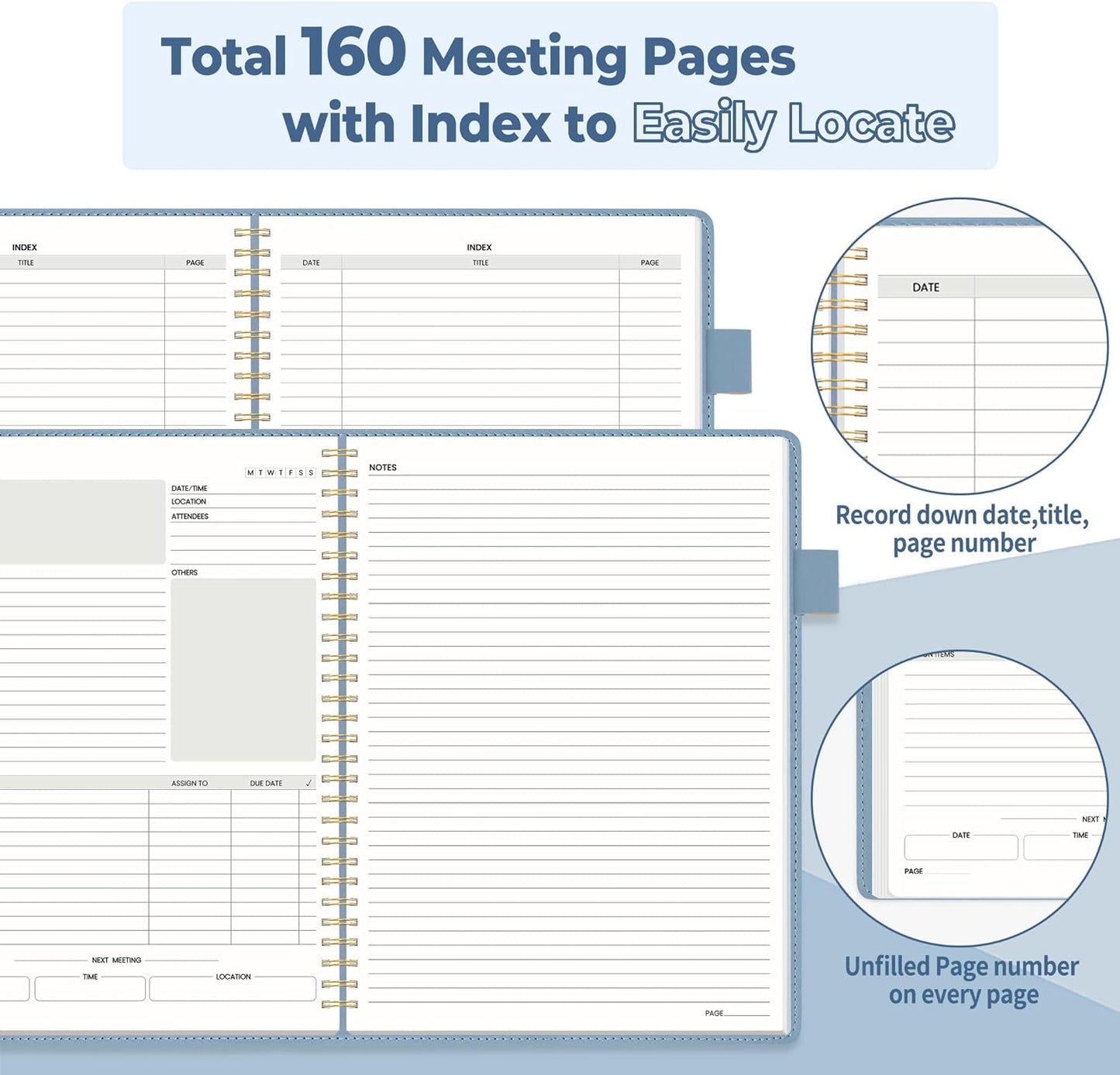 SUNEE Half Meeting Half Note - 7.5"x10" Professional Notebooks for Work - 160 Pages, B5 Size Project Planner, Spiral Meeting Agenda Organizer for Women Men, Note Taking,Office with Vegan Leather Cover