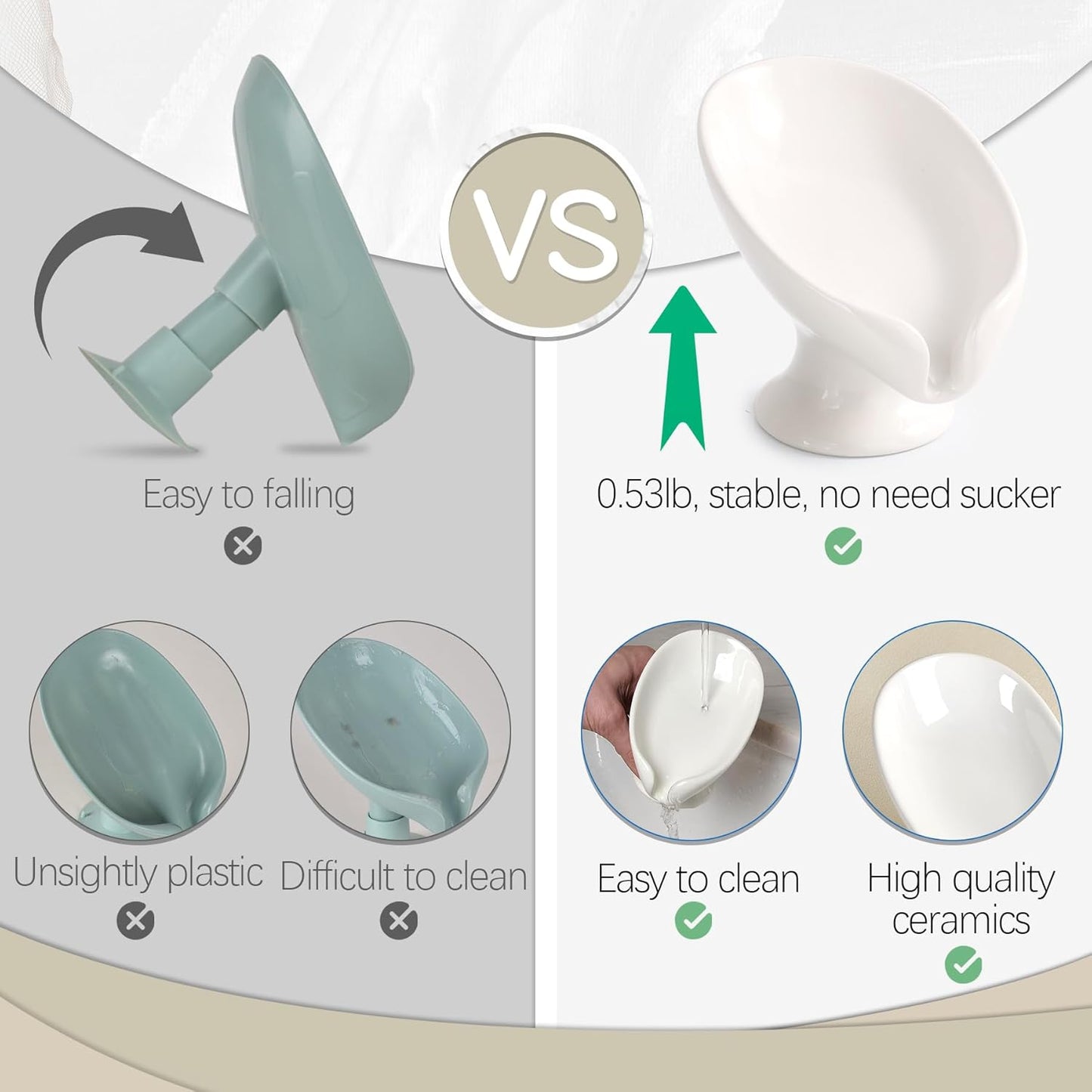 Soap Dish, Self Draining Bar Soap Holder for Bathroom Sink, Leaf-Shaped Drainage Ceramic Cream White Porcelain Decorative Soap Dish, ANTIS'S HOME