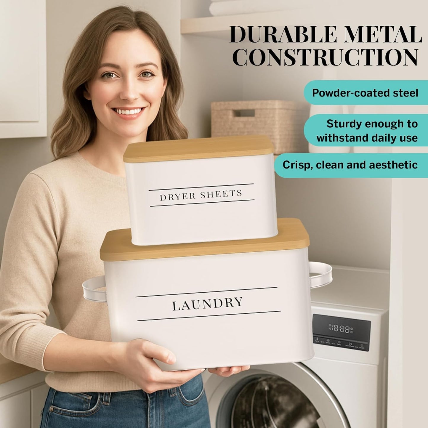 Metal Dryer Sheets Holder with Lid – Set of 2 Storage Bins for Laundry Room Organization & Home Decor – Classic White Metal Laundry Storage Containers with Lids - Sheet Organizers and Storage