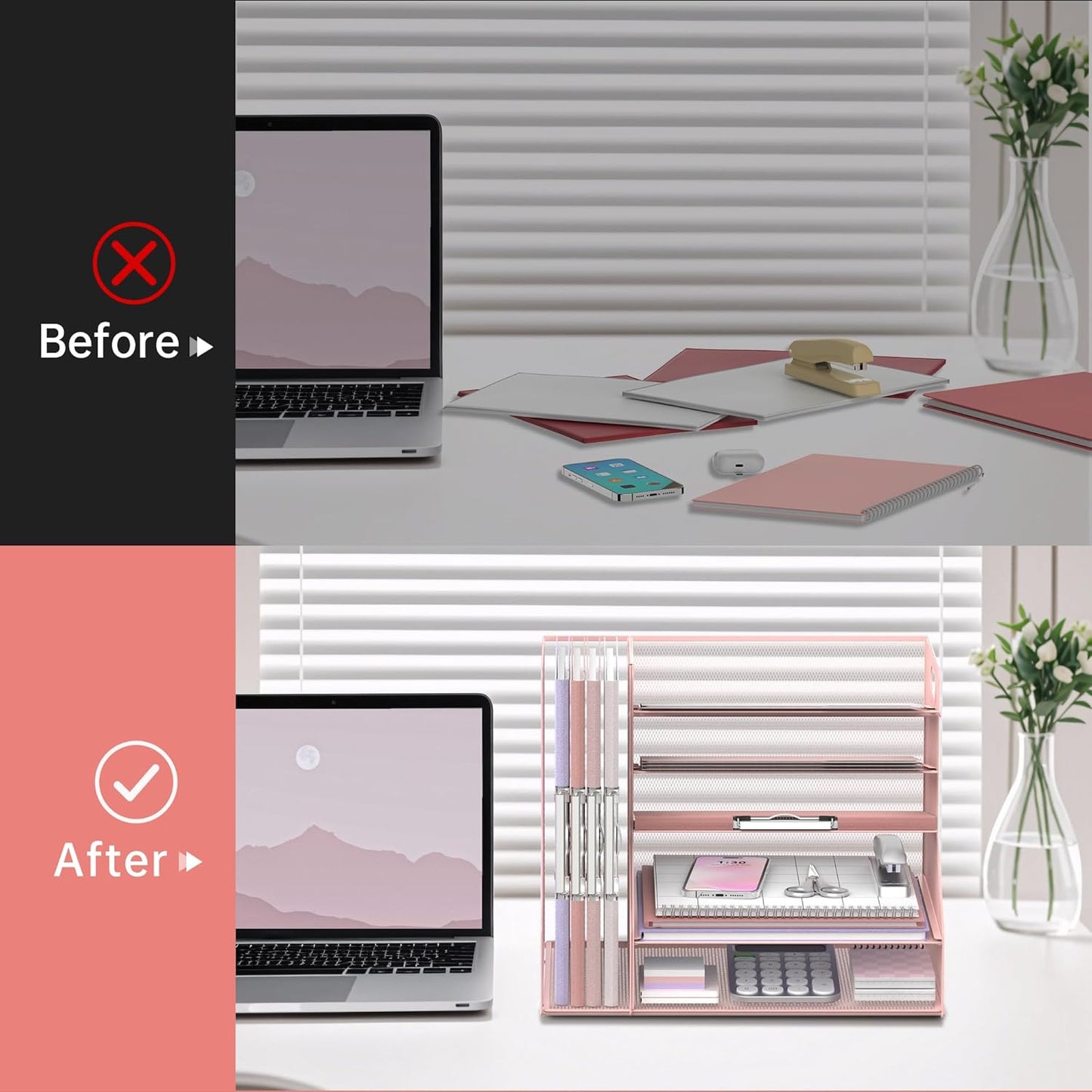 SUPEASY Desk Organizer with File Holder, 5-Tier Mesh Paper Letter Tray with Magazine Holder, Desktop Organizer and Storage for Desk Accessories Office Supplies, Pink