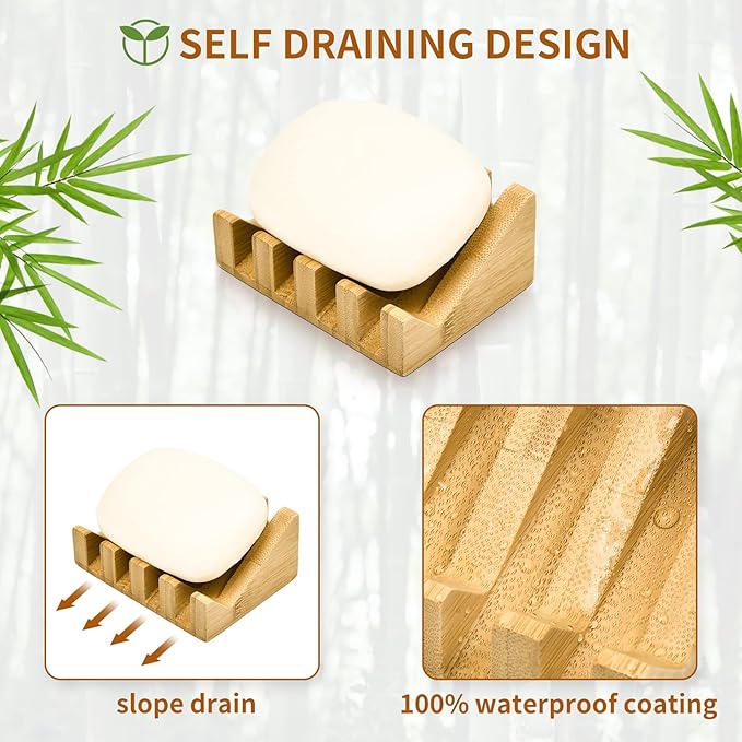 SUBEKYU Bamboo Soap Dish Self Draining Wooden Bar Soap Holder Soap Saver for Shower Slope Drainage Design with Waterproof Layer Wood Soap Dish for Bathroom and Kitchen,1P