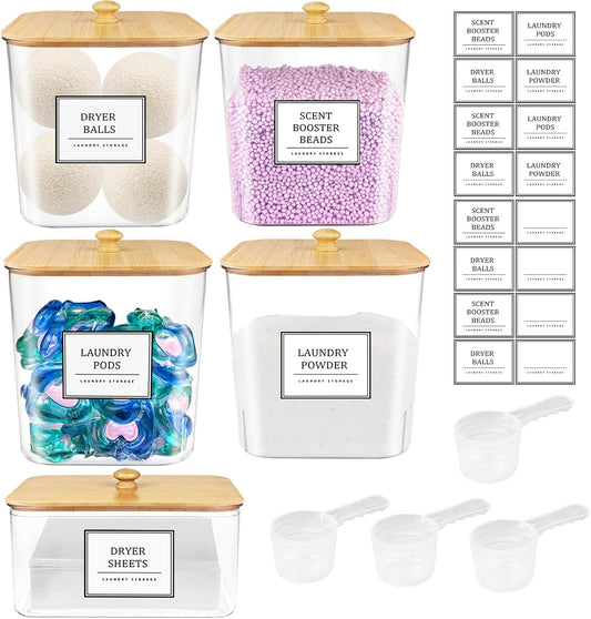 4+1 Pack Laundry Room Organization Containers,Clear Laundry Pods Container,Large Laundry Detergent Powder Storage Containers with Wooden Lids & Labels,Laundry Pods Holder for Scent Booster,Powder,Pods