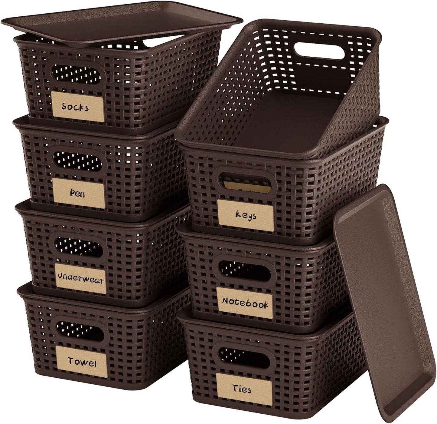 8-Pack Brown Plastic Storage Baskets with Lids, Label Organizers, Stackable Organizer Containers: For Organizing Shelves, Drawers, Desk Closets, Playrooms, Classrooms, Offices
