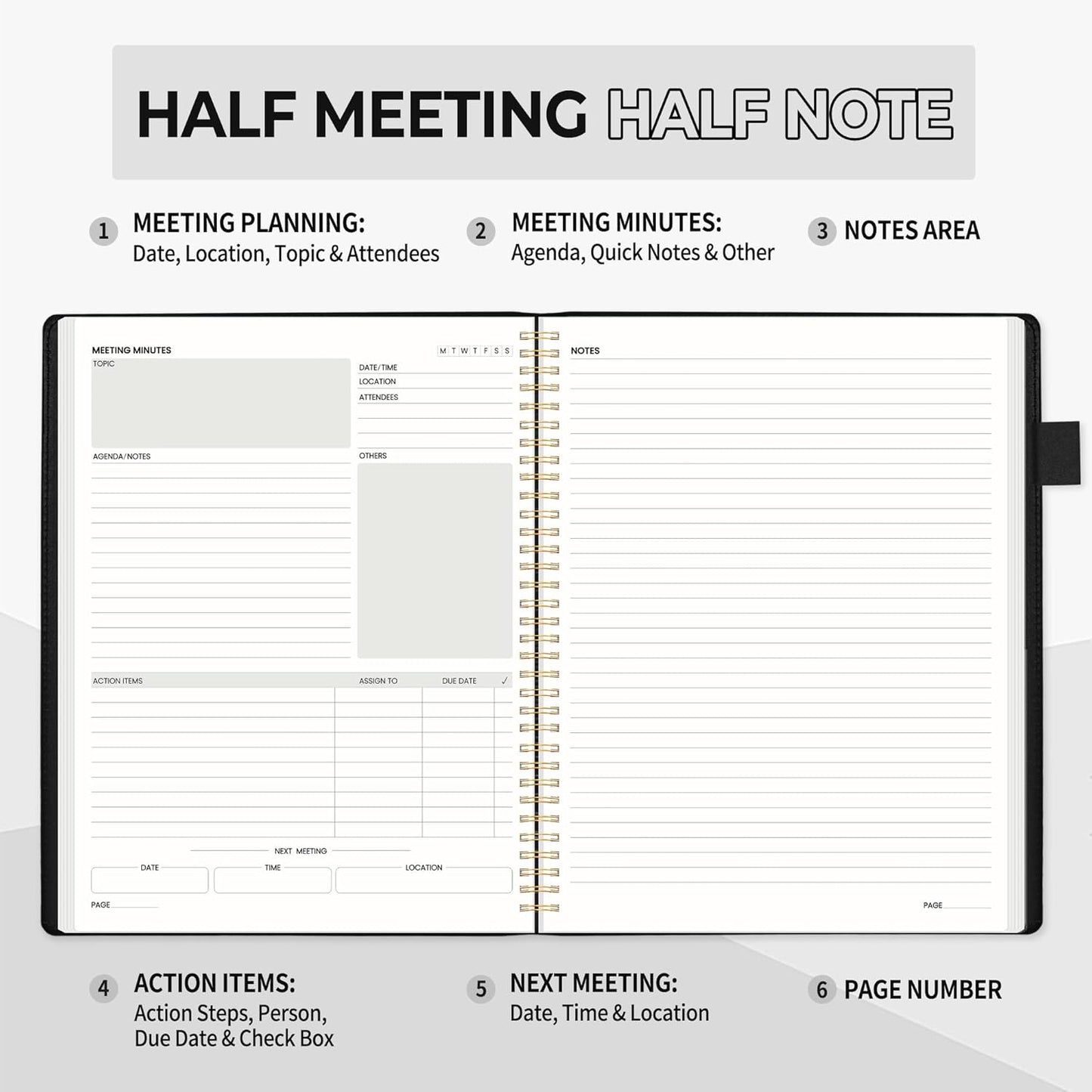 SUNEE Half Meeting Half Note - 8.5"x11" Professional Notebooks for Work - 160 Pages, A4 Size Project Planner, Spiral Meeting Agenda Organizer for Women Men, Note Taking,Office with Vegan Leather Cover