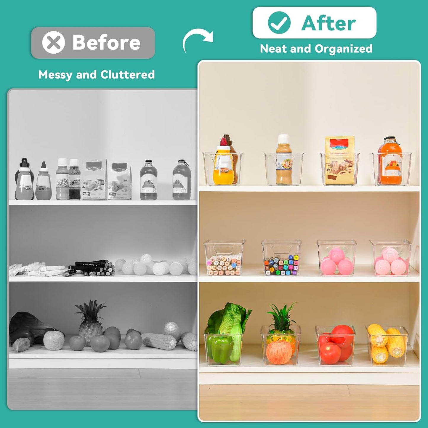 Clear Plastic Storage Bins, 12 Pack Acrylic Pantry Organizer and Storage Bins, Fridge Organizer, Small Plastic Containers Bins with Handles, CabinetOrganizer for Kitchen,Bathroom,Refrigerator,Shelves