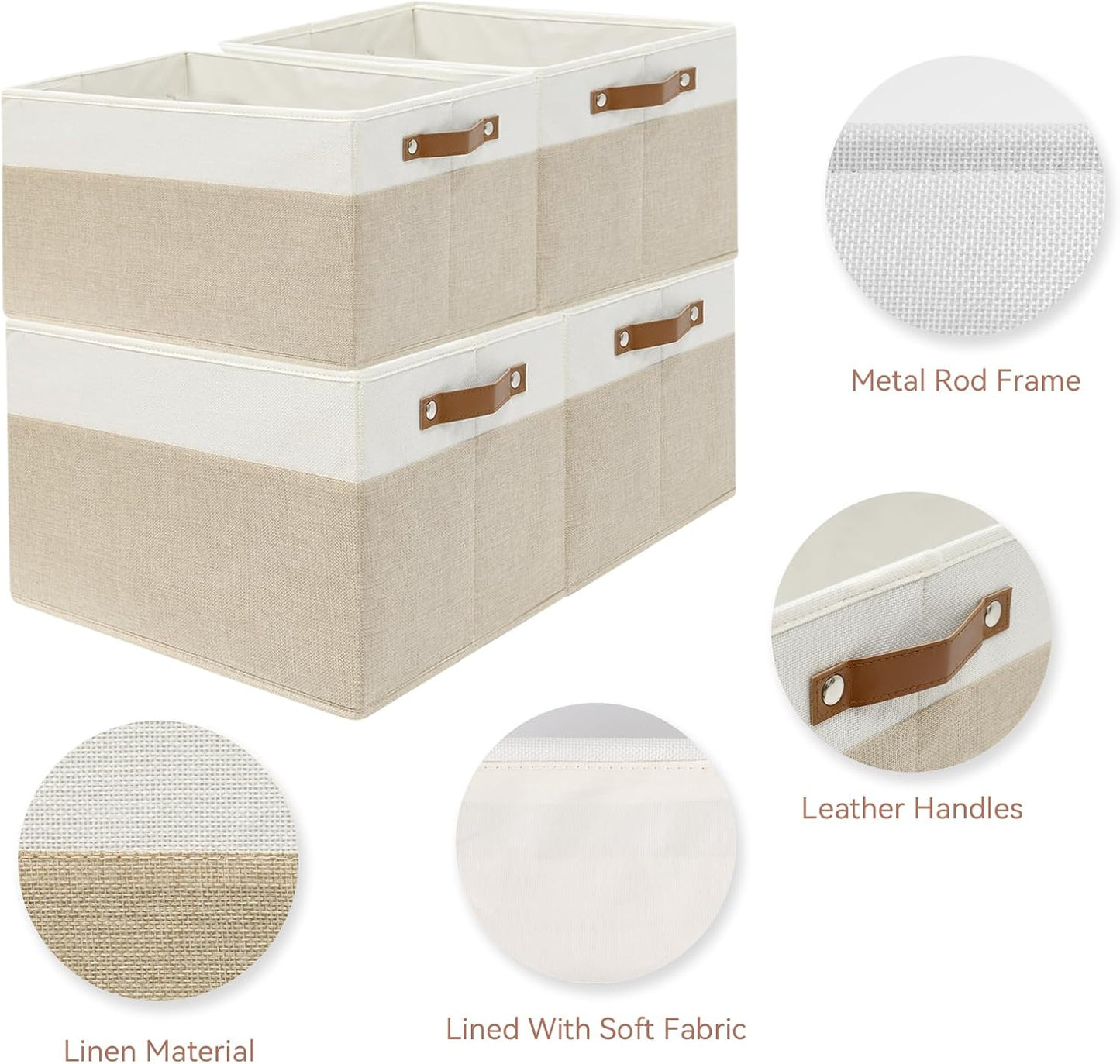 SNWDN 4 Pack Fabric Storage Baskets for Organizing Collapsible Fabric Storage Bins with Handles for Home and Office Organizing (White/Beige 15''Lx10.2''Wx9''H)