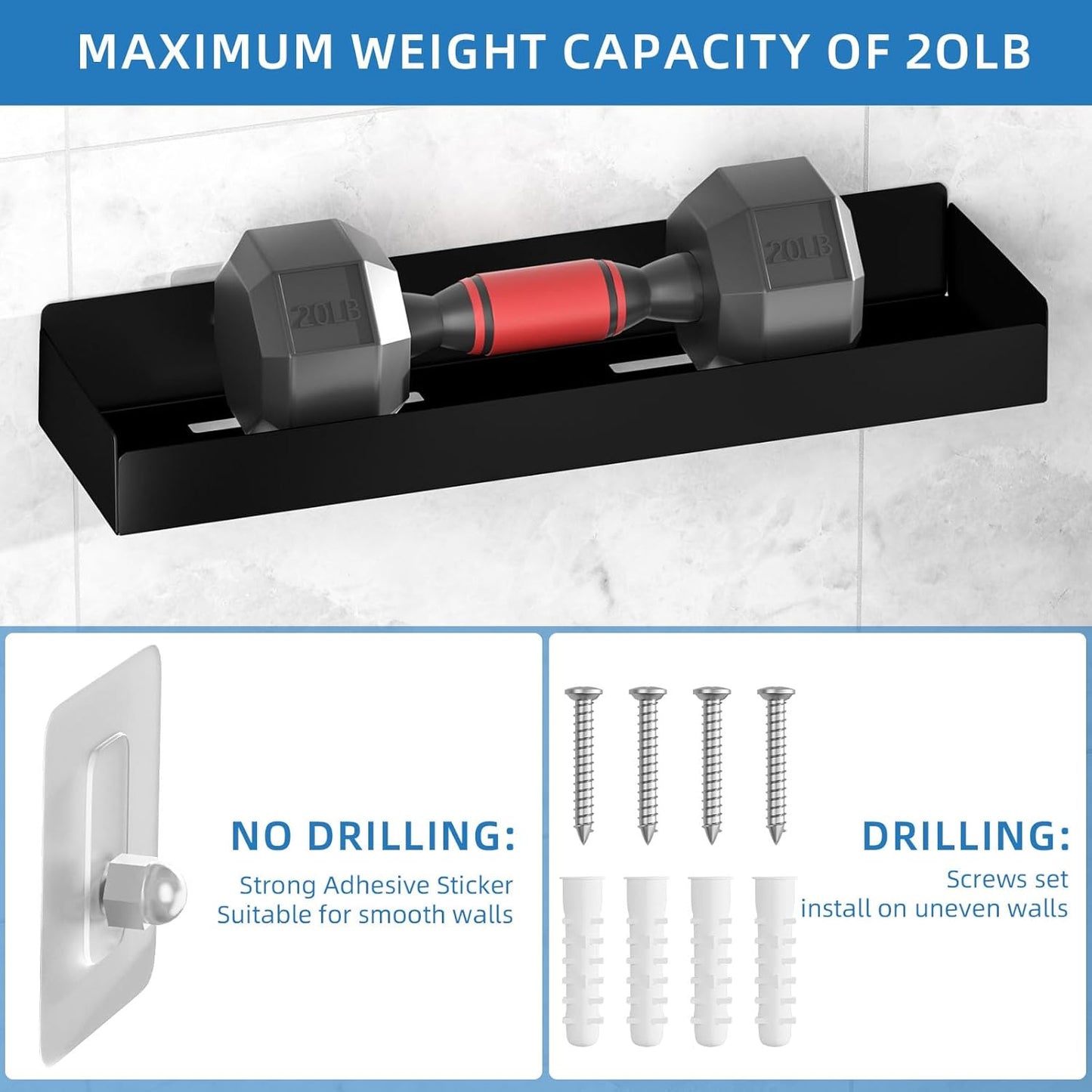 Shower Caddy Black,40cm Adhesive Shower Shelve with Large Capacity, Quick-Dry Metal Bathroom Shelves with 8 Hooks, 2 Pack Drill-Free Rustproof Durable Shower Organizers Rack