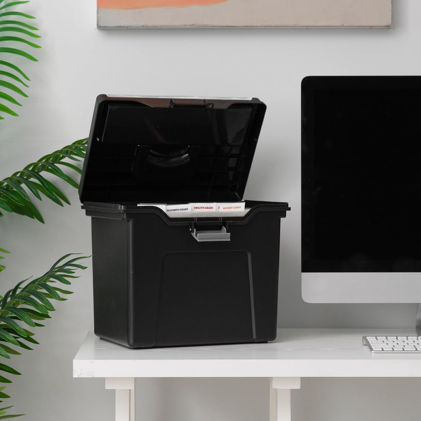 IRIS USA File Box with Lid File Organizer for Letter File w/Organizer-Lid, Water Resistant Document Box, Plastic Mobile Filing Organizer, Secure Buckle, Portable Handle, Lockable, Black 4 Pack