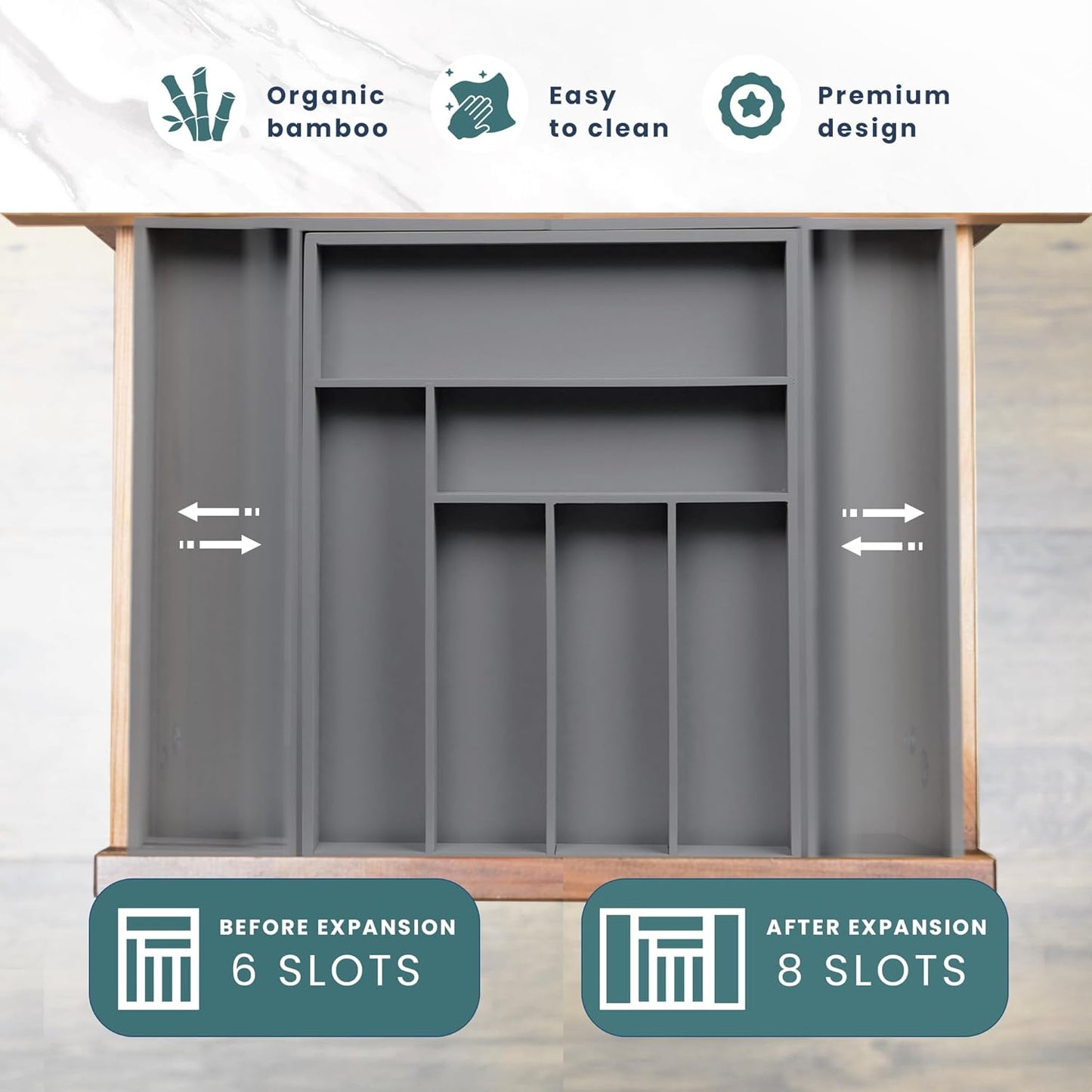 Sben Expandable Drawer Organizer for Utensils Holder, Adjustable Cutlery Tray, Wood Drawer Dividers Organizer for Silverware, Flatware, Knives for Kitchen (Gray)