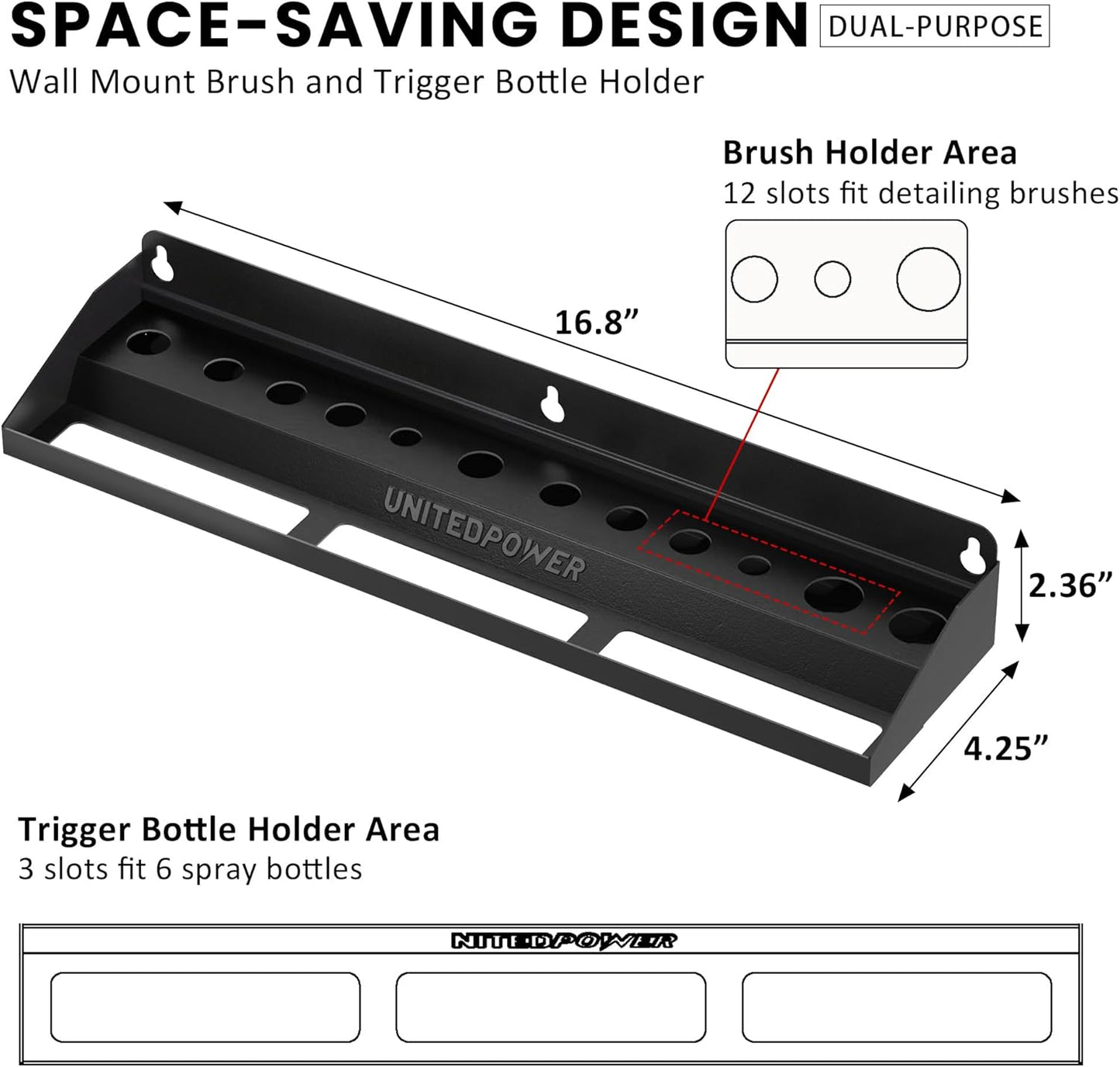 UNITEDPOWER Brush and Trigger Bottle Holder, Wall Mount Storage Rack Organizer for Auto Repair Shops Car Washes And Home Garages, Stores up to 12 Detailing Brushes & Hanging Rail for Bottles