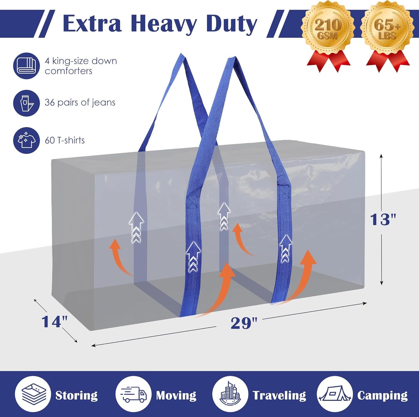 6 Pack Extra Large Heavy Duty Moving Bags with Reinforced Zipper & Wide Handles, Moisture-Resistant Storage Bins Packing Cubes for Clothes, College Dorm, Travel, and Home Organization, Blue