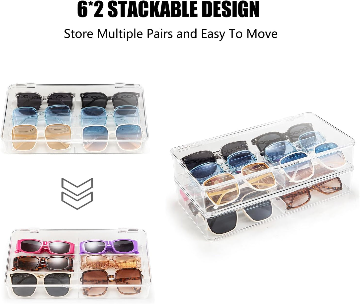 BOPai Acrylic Sunglasses Organizer with Lid, Stackable Glasses Storage Organizer - 2 Pack