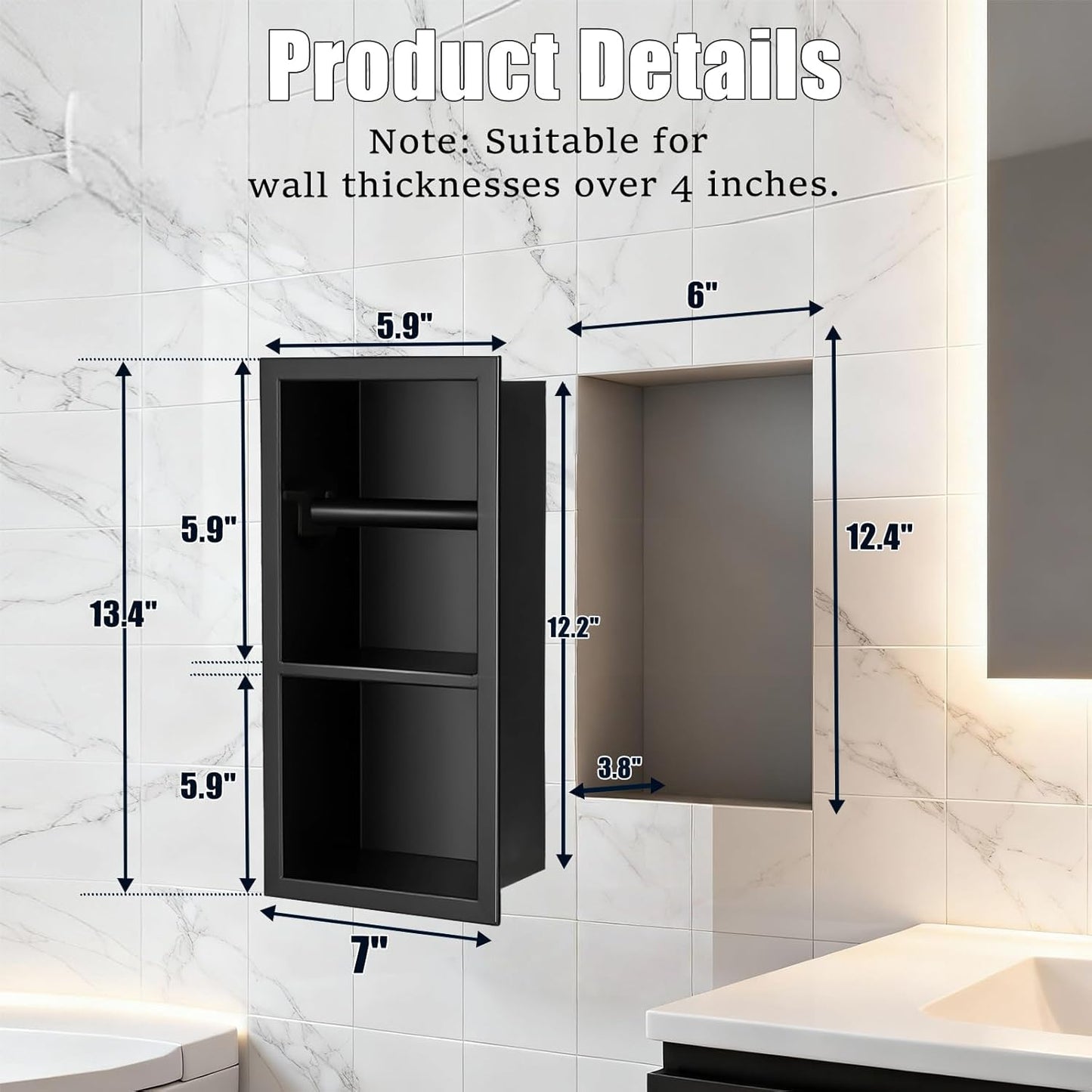 Recessed Toilet Paper Holder, Matte Black Toilet Paper Roll Holder Built-in Bathroom Tissue Roll Holder with Storage, Stainless Steel，Rust-Proof and Space-Saving