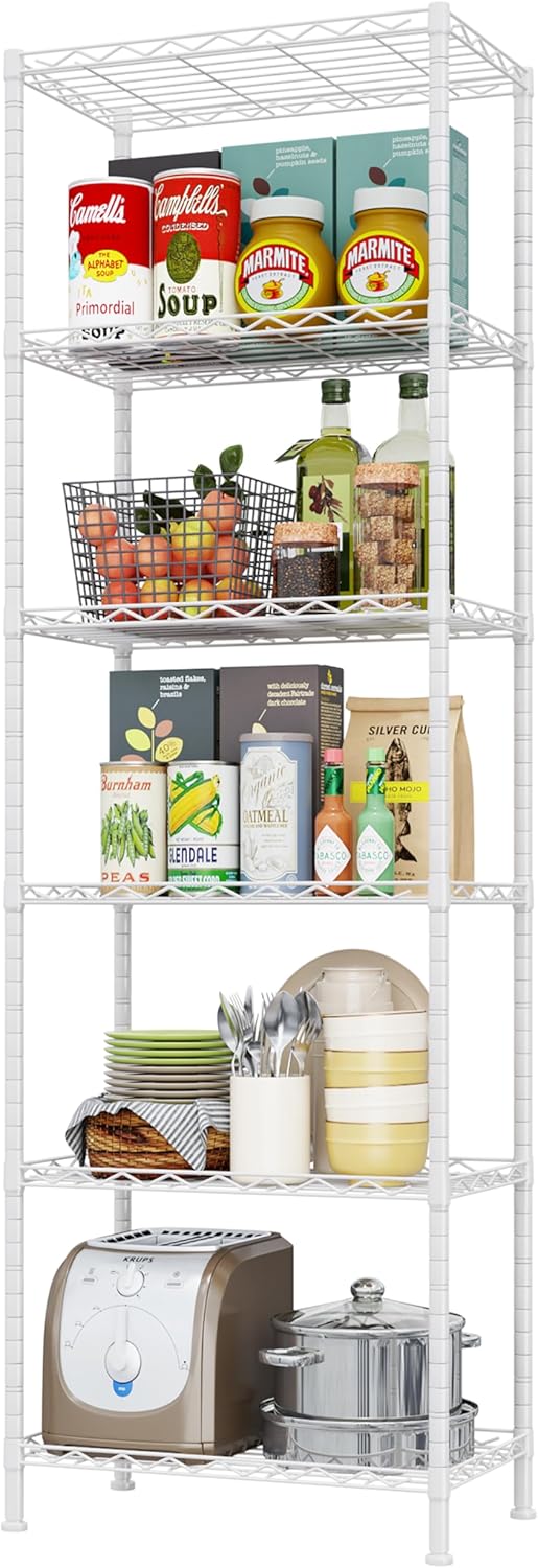 HOMEFORT 6-Shelving Unit, Adjustable Wire Shelving, Metal Wire Shelf Rack Organizer for Kitchen, Pantry, Closet, Bathroom, Laundry, White, 21" W x 11" D x 69" H