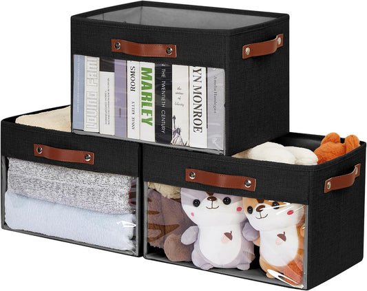 Large Storage Baskets with Clear Window, See Through Closet Organizer with PU Handles, Linen Foldable Storage Bins for Organizing Clothes, Toys, Books (Black)