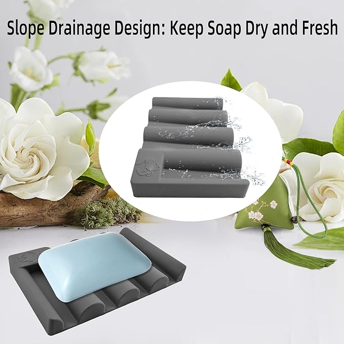 Silicone Soap Dish with Wave Design, Non-Slip, Quick-Drying, Perfect for Bathroom, Kitchen, and Sink Areas (1, Grey1)
