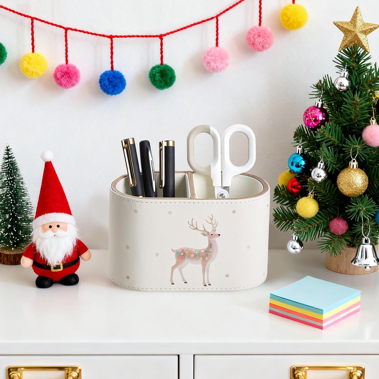 Christmas Pen Holder for Desk, PU Leather Pencil Holder for Desk with 2 Compartments for Home Office Supplies, Christmas Decorations Pencil Cup Desk Organizer