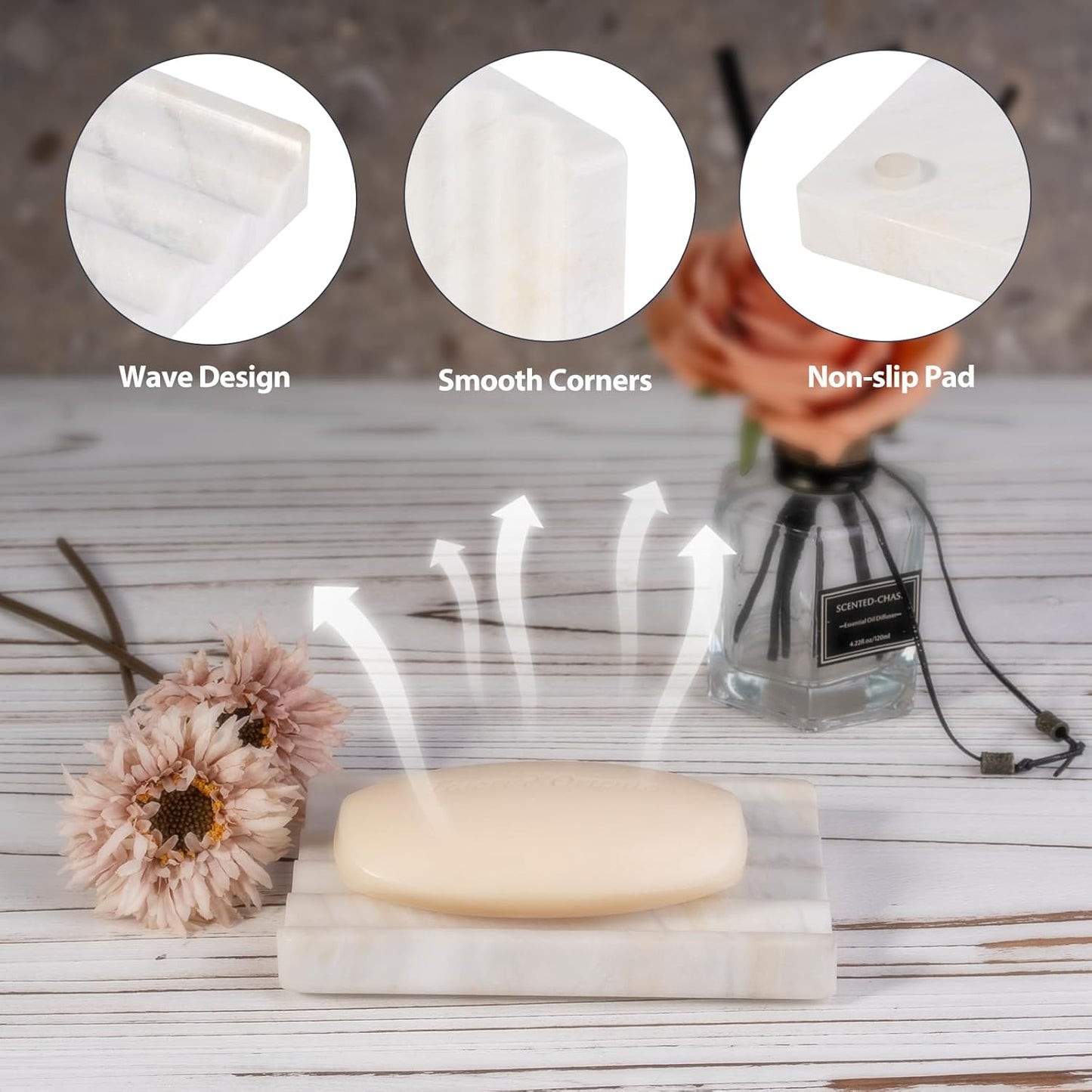 2 Pcs Soap Holder for Bathroom, Marble Soap Dish for Kitchen Countertop, Soap Tray Draining with Creative Wavy Design, Bar Soap Saver for Bath Tub, Sponges, Italian Natural Stone(Agiax)