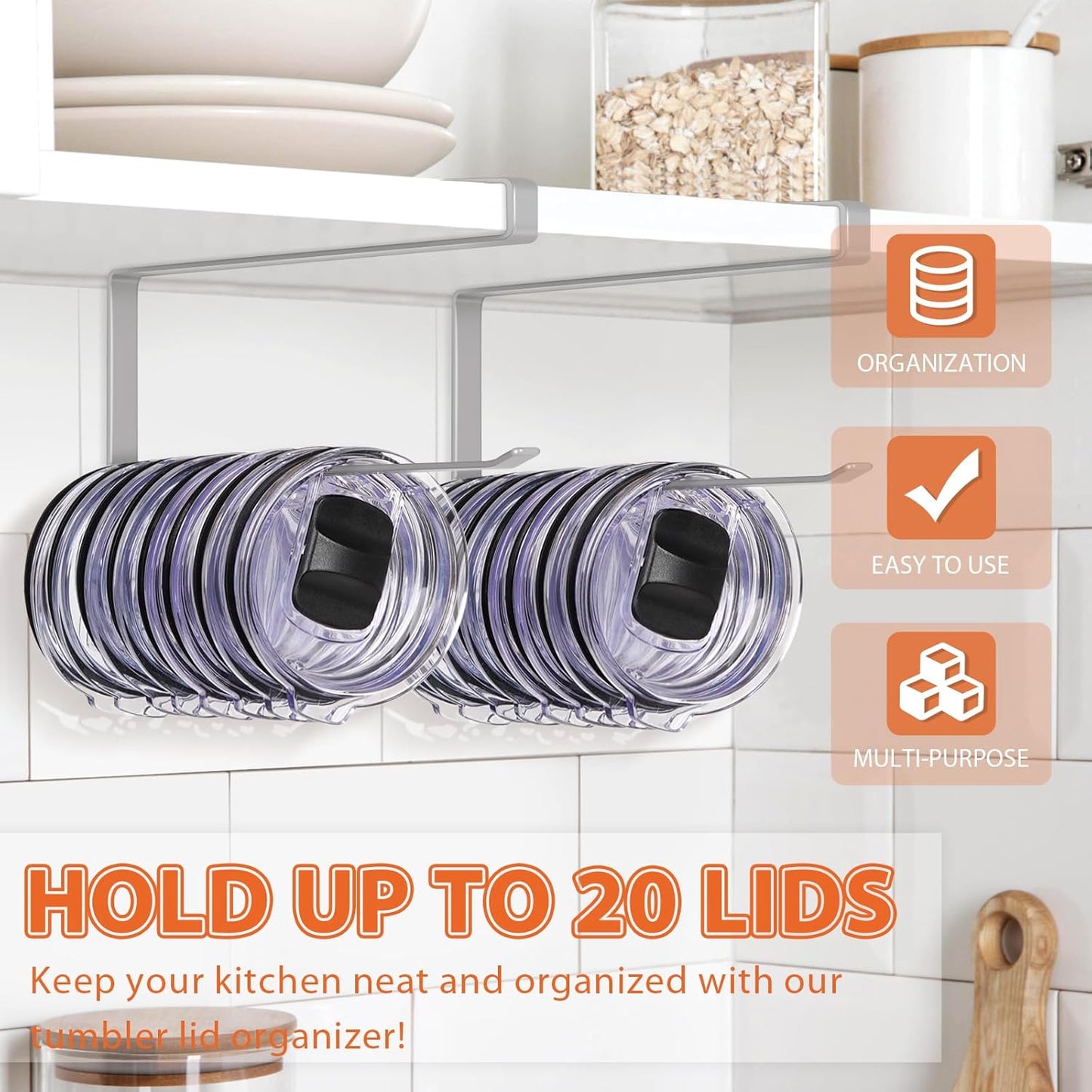 2 Pack Tumbler Lid Organizer, Horizontal Tumbler Lid Storage Hook to Hold Up 20 Lids, Space Saving Cup Lid Holders Under Cabinet Tumbler Lid Hook for Kitchen Organizer, Paper Towel Rack Hanger (Gray)