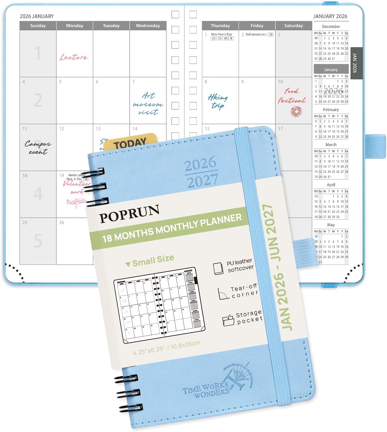 POPRUN Monthly Planner 2026-2027 (Pocket 4.25" x 6.25") 18 Months Calendar (Jan 2026 - Jun 2027) - 4 Pages per Month with Expense & Notes, Leather Cover, Sunday Starts - Blue