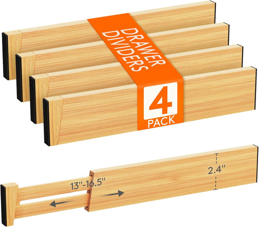 Lifewit 4 Pack Bamboo Drawer Dividers 2.4" High, 13-16.5" Kitchen Drawer Organizers, Adjustable Wooden Drawer Dividers for Clothes, Expandable Drawer Separators for Dresser, Bedroom, Bathroom, Cabinet