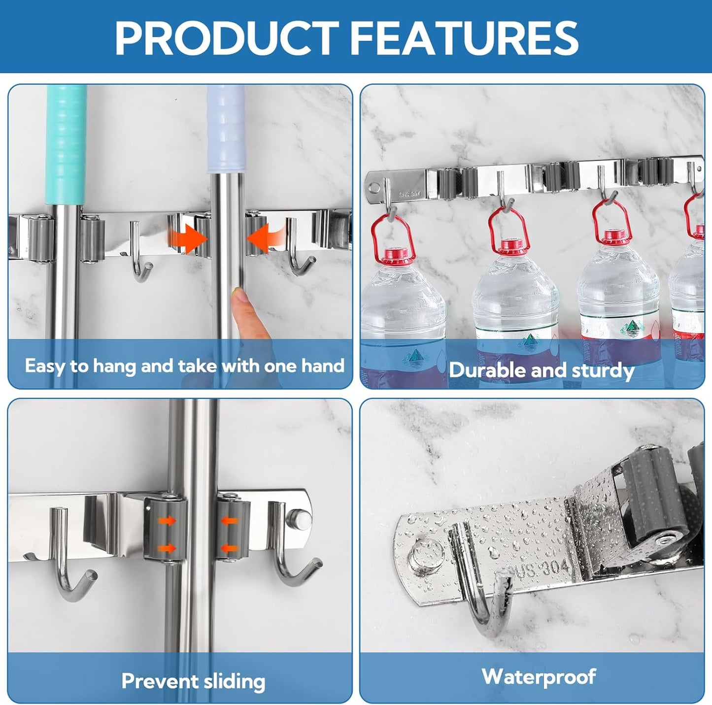 3 Pack Silver Mop and Broom Holder Wall Mount Self Adhesive 3 Racks with 4 Hooks Broom Organizer Wall Mount Stainless Steel Broom Hanger for Home Kitchen Garden Laundry Garage Organization Storage